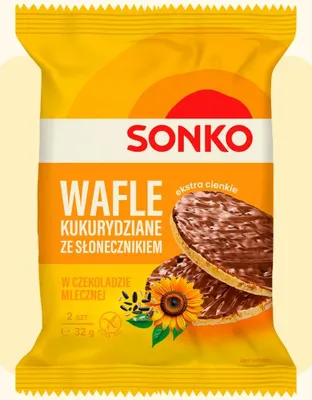 Produktbild von SONKO Maiswaffeln mit Sonnenblumenkernen in Vollmilchschokolade, glutenfrei, 32 g