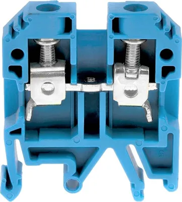 A close-up studio shot of a blue electrical terminal block.