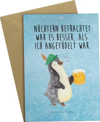 Produktbild von Mr. & Mrs. Panda Glückwunschkarte Pinguin Bier - Eisblau - Geschenk, einladungskarten, Angetüdelt, , vatertagskarte, Beileidskarte, weihnachtskarten, Grußkarte
