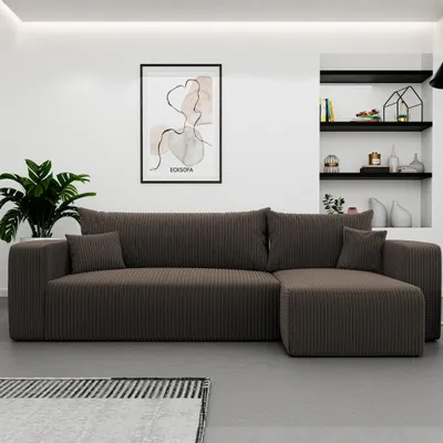 Produktbild von Ecksofa L-Form Castelo Poso 06 Schokoladenbraun Cord mit Schlaffunktion und Bettkasten