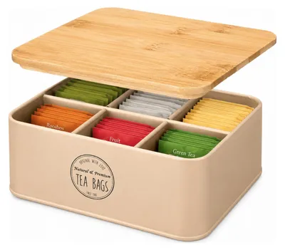 Produktbild von Kinvara Teedose – beige – 6 Facher – Metall – 16 x 19 x 8 cm – mit Bambusdeckel