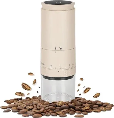 Zdjęcie produktu dla Elektryczny młynek do kawy z stożkowym żarnem, z możliwością ładowania, kompaktowy, bezprzewodowy, przeznaczony do kawy espresso, cold brew, pour-over i z zaparzacza typu French Press.