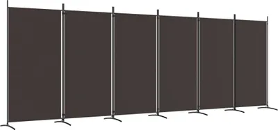 A long, brown, multi-panel screen divider standing on a white background.