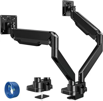 Obrázek produktu pro Držák monitoru, dvojitý - držák monitoru na stůl - ergonomická práce - plynová pružina, nastavitelný - pro monitory 13-39 palců - černý