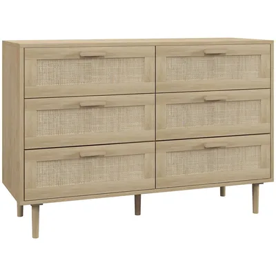 Produktbild von Kommode mit 6 Schubladen aus Holz und Rattan im Boho-Stil fš¹r Wohn- und Schlafzimmer, 110 x 40 x 75 cm