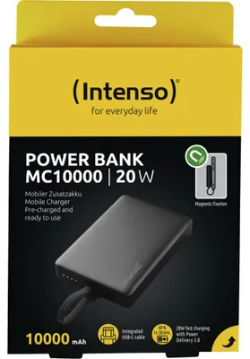 Produktbild von Intenso Powerbank MC10000 mit integriertem USB-C Kabel und magnetischer Rückseite, 10.000 mAh, 20 Watt, 10000 mAh, Lithium Polymer (LiPo), 20 W, Schwarz, Grau