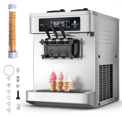 Image de VEVOR Machine à glace molle commerciale 20-28 L/h, sorbetière 2200 W, machine à glace commerciale avec 3 arômes et 2 récipients de 6 litres, prérefroidissement et fonction d'alerte en cas de niveau de mélange bas