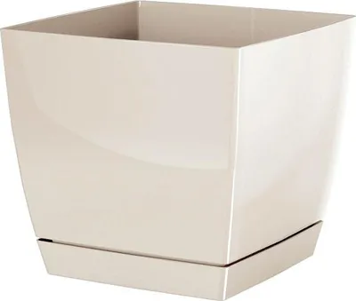A square planter pot with a matching saucer, shown from a slightly elevated front-left angle against a white background.