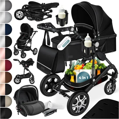 Produktbild von KESSER® Loops Kinderwagen 4 in 1 Kombikinderwagen Komplett-Set auch als Buggy für Kinder bis 4 Jahre inkl. Babywanne, Babyschale + Fußsack, Korb, Wickeltasche, Regen- & Insektenschutz & Flaschenhalter