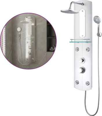 A white shower panel with silver fixtures, including a showerhead, handheld shower, and controls, is shown against a white background. A circular inset image shows a similar shower panel in a bathroom setting.