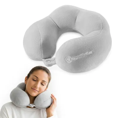 Immagine prodotto di Cuscino cervicale HyperMotion per viaggi in aereo, con supporto a 360° e chiusura frontale, colore grigio, dimensioni 26 x 26 x 12 cm, peso 0,23 kg, realizzato in poliestere con imbottitura in cotone PP