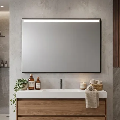 Produktbild von Badezimmerspiegel 100x70 mit schwarzem Rahmen und LED