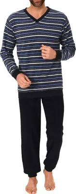 Produktbild von Herren Frottee Schlafanzug, Pyjama mit Bündchen in Streifenoptik - 65319 ; navy , 50