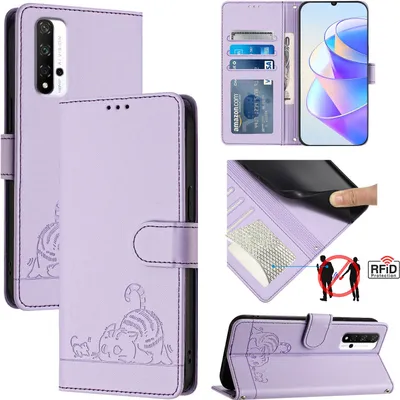 Obrázek produktu pro Kožené pouzdro pro Honor 20 /Honor 20 Pro, sladká kočka Flip pouzdro s funkcí stojánku a peněženkou Fialová