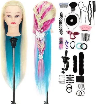Produktbild von Kosmetikpuppe 100% synthetisches Haar 26-28 Zoll Stylingkopf Regenbogen Manikin - Inklusive gratis Klammern + Bürstensatz
