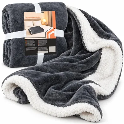 Produktbild von Wendedecke Kuscheldecke Plaid 150x200 cm Dunkelgrau Tagesdecke Sofadecke Sherpa weich