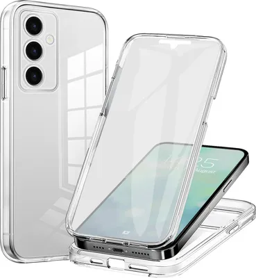 A clear protective phone case is shown in two configurations: one enclosing a smartphone, and another showing the back of a smartphone with its camera array.