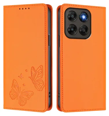 Image de Étui en cuir pour Motorola Moto G67/Moto G77, étui de protection type portefeuille en cuir gaufré « papillon » avec support, couleur orange
