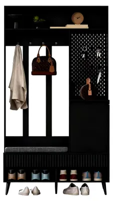 Produktbild von Garderobenset mit Schuhbank und Flurgarderobe, Komplettset mit 4 Haken, 2 Schubladen und Tür, Multifunktionale Garderobe für den Eingangsbereich, Schwarz, B100xT35xH180 cm