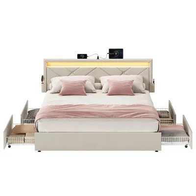 Produktbild von VASAGLE Doppelbettgestell, Bettgestell, 140 x 200 cm, LED, Metallbett, 4 Schubladen, Ladestation, verstellbares gepolstertes Kopfteil, Cappuccinobeige