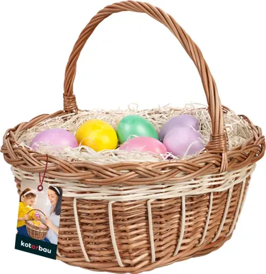 Immagine prodotto di KOTARBAU® Cesto in vimini Cesto pasquale con manico rotondo marrone e bianco 32x27,5x31 cm Cesto pasquale in vimini con manico Cesti in vimini per bambini Cesti a fungo Cesto intrecciato con manico Cesti in vimini Cesto per la spesa in vimini