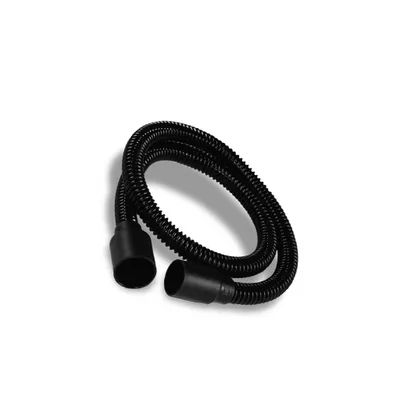 A black flexible hose with black connectors on each end, coiled on a white background.