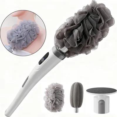 Produktbild von Elektrische Rückenbürste, Duschbürste mit langem Griff, IPX7 wasserdicht, 3 Aufsätze, 2 Geschwindigkeiten, USB aufladbar, Peeling & Massage für Dusche & Bad