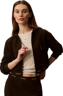 Productafbeelding van Calvin Klein dameshoodie met rits, terrystof, logo aan de taille, cropped model, bruin