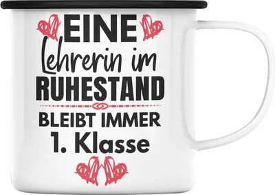 Produktbild von Trendation - Lehrerin Rente Geschenk Emaille Tasse Ruhestand Geschenkidee Abschied Abschiedsgeschenk Beste Lehrerin 1. Klasse Pensionierung (Schwarz)