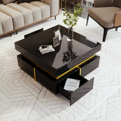 Obrázek produktu pro Abrihome konferenční stolek se 4 zásuvkami a zlatými akcenty, lesklý obývací stolek 70x70x35,5 cm, černý