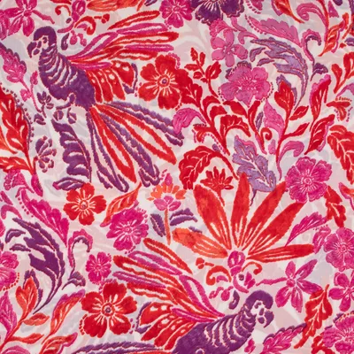 Produktbild von Chiffon Stoff Meterware Blumen Papagei pink rot lila 1,49m