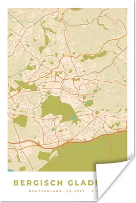 Produktbild von MuchoWow® Poster Bergisch Gladbach - Karte - Stadtplan - Vintage 120x180 cm - Kunstposter