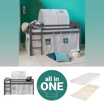 Produktbild von Homestyle4u Kinder Hochbett 90x200 grau mit Matratze Vorhang Tunnel