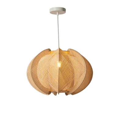 Obrázek produktu pro Závěsná lampa ze dřeva a ratanu, Ø 40 cm, tkaný stínidlo v boho stylu, skandinávský design z poloviny 20. století, patice E27