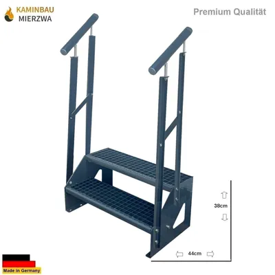 Obrázek produktu pro Ocelový rošt Volně stojící schodiště 2 stupně Pozinkované a antracitově práškově lakované + zábradlí na obou stranách - (d x š x v) 44 cm x 140 cm x 38 cm