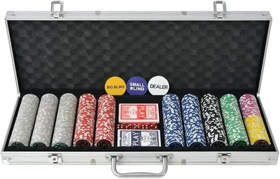 Imagen del producto de Set de póker con 500 fichas láser de 11,5 gramos, estuche profesional de aluminio para casino, con botones para el crupier y barajas de cartas