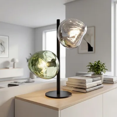 Produktbild von Tischleuchte Glas Weiß Grün E14 2-flammig 40 cm Nachttischlampe Schlafzimmer