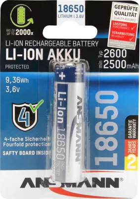 Immagine prodotto di Ansmann 1307-0000 Ansmann Li-Ion 18650 2600mAh 3,6V Akku 9,36Wh       1307-0000