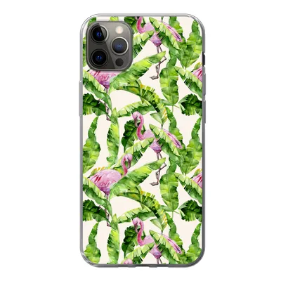 Produktbild von MuchoWow® Handyhülle Schutzhülle Hülle für iPhone 13 Pro Max Flamingo - Blätter - Muster Silikon Softcase Handy Hülle - Mobiltelefon