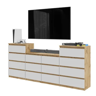 Produktbild von TV-Schrank / Kommode – 14 Schubladen, 220 cm – Wotan Eiche / Weiß Matt – modernes Möbelset für das Wohnzimmer