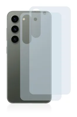 A smartphone with a camera array on the back, partially covered by two transparent protective films.