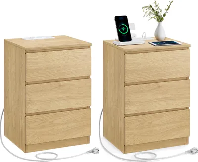 Obrázek produktu pro Noční stolek VASAGLE, sada 2 kusů, boční stolek, 3 zásuvky, zkosené hrany, 2 zásuvky, 2 porty USB