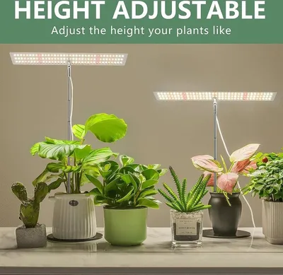 Several potted plants are displayed under adjustable LED grow lights.