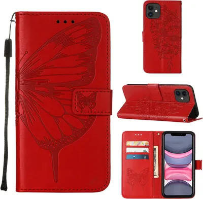Produktbild von iPhone 11 Hülle, Schmetterling Prägung Flip Leder Kartenfächer Schutzhülle Ledertasche mit Ständer für iPhone 11 Rot