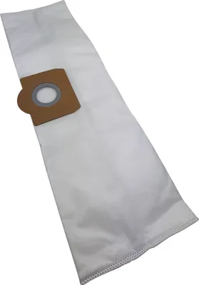 A white vacuum cleaner bag with a brown cardboard collar and a gray ring.