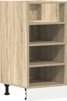 A standalone kitchen cabinet base unit with shelves.