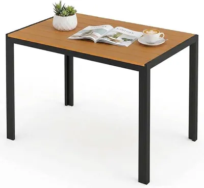 Productafbeelding van Tuintafel, aluminium, 110x70 cm. Balkontafel van WPC, weerbestendig, rechthoekige terrastafel, antislip eettafel voor buiten, plankbreedte 9 cm, teakbruin