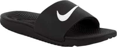 A black Nike Kawa slide sandal with a white Nike swoosh logo.