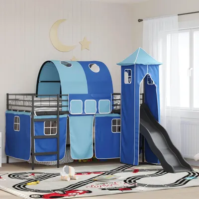 Immagine prodotto di Letto a castello per bambini, struttura nera e blu, dimensioni 90 x 200 cm, in metallo