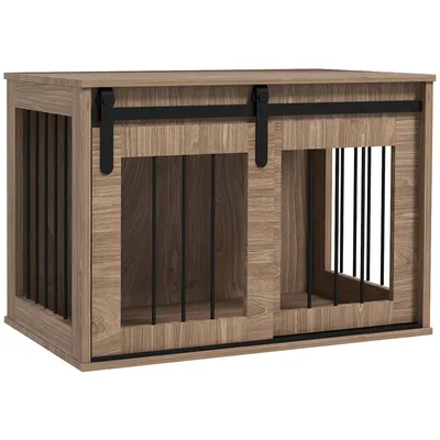 Produktbild von PawHut Crate Hundehütte für Zimmertiere, 1 Schiebetür, Beistelltisch, Metall in Holzoptik, Größe 57H x 80L x 54L cm